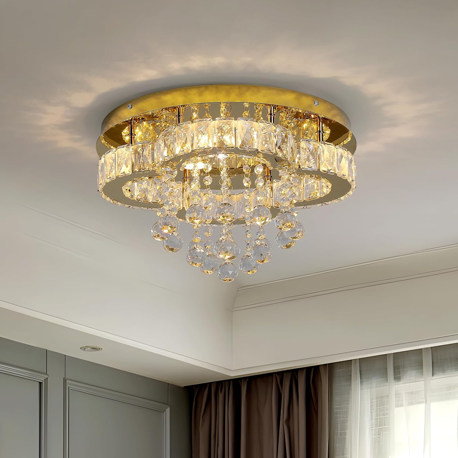Semi-Flush Mount Gold Chandelier for Bedroom, Changeable LED Raindrop Ceiling Lighting Fixture 45cm