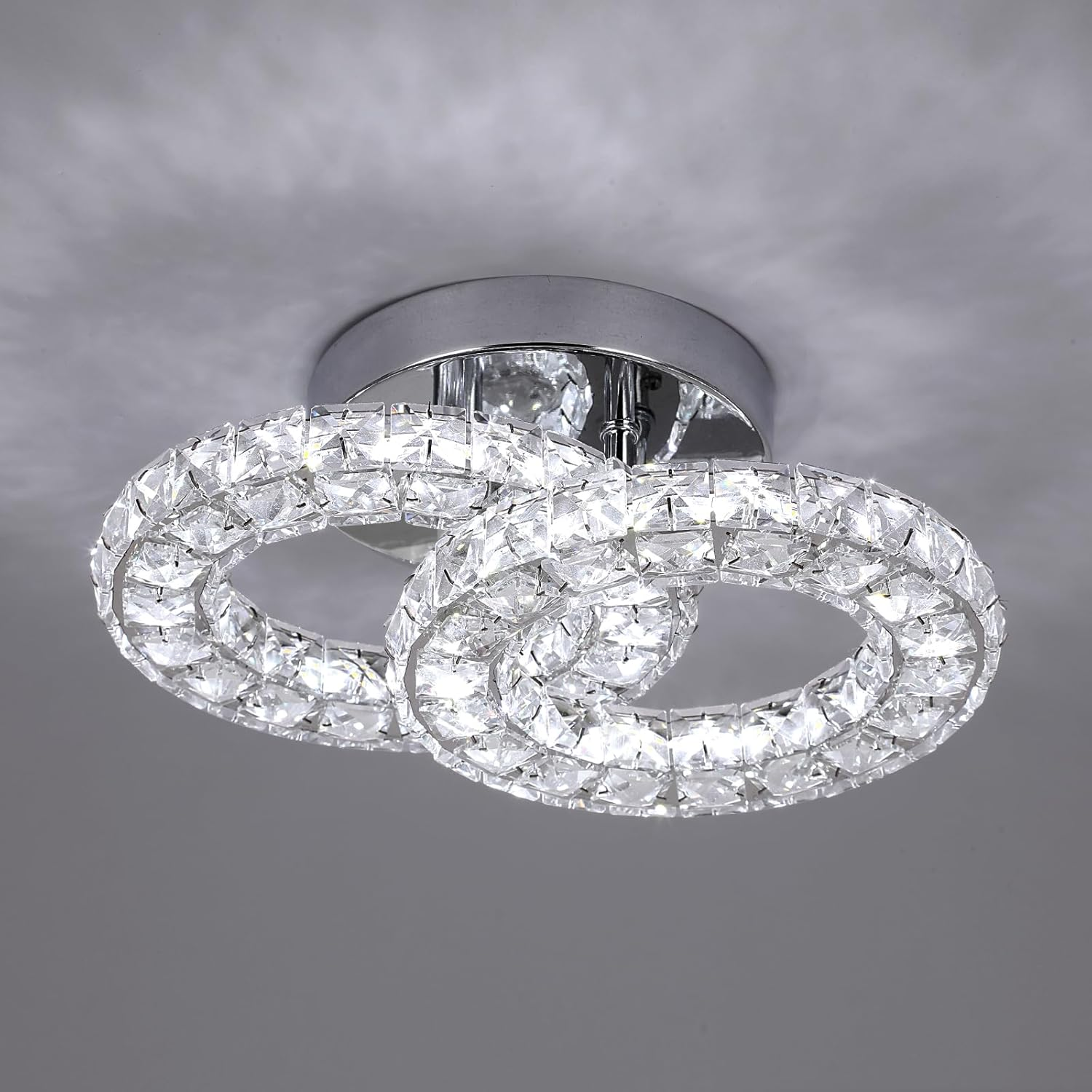 Modern Crystal Ceiling Light,2-Ring 28CM 3-Color K9 Crystal Flush Mount Chandelier Light