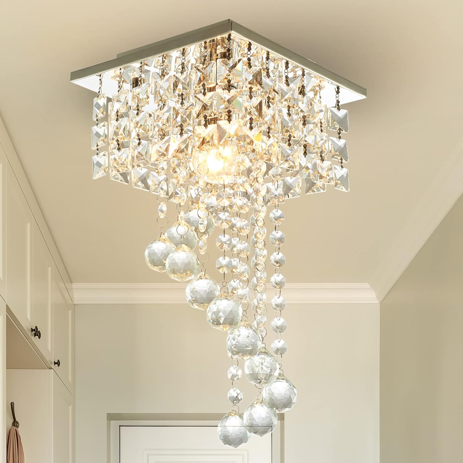 Mini Crystal Chandelier, Modern Ceiling Light Fixture Flush Mount Pendant Lighting for Bedroom Living Room Dining Room Hallway