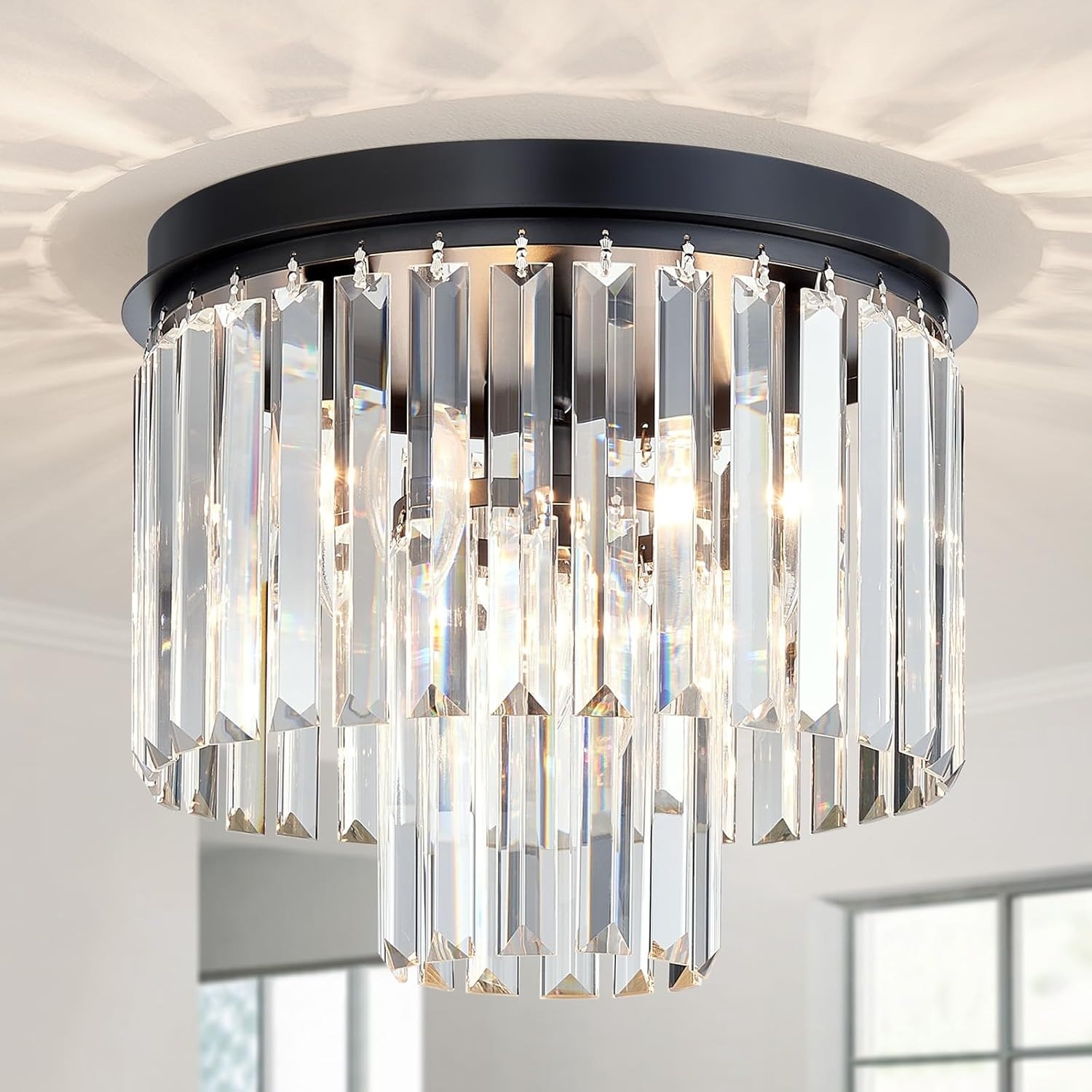 Crystal Ceiling Light, 3-Light Modern Flushmount Ceiling Light Fixture for Living Room, Dinning Room, Hallway, D12xH13inch