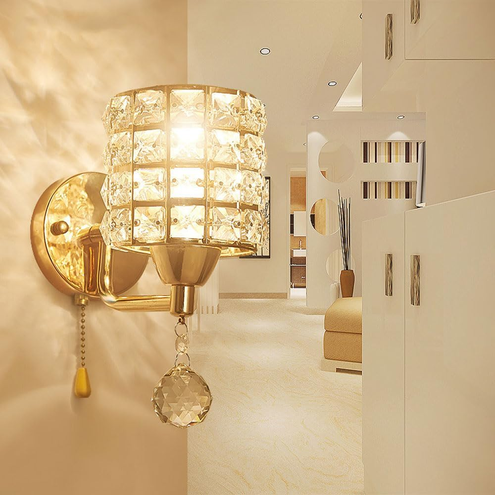 Crystal Wall Sconce Modern LED Wall Lighting Fixture Decorative Gold Color Wall Mount Lamp with Pull Chain Switch