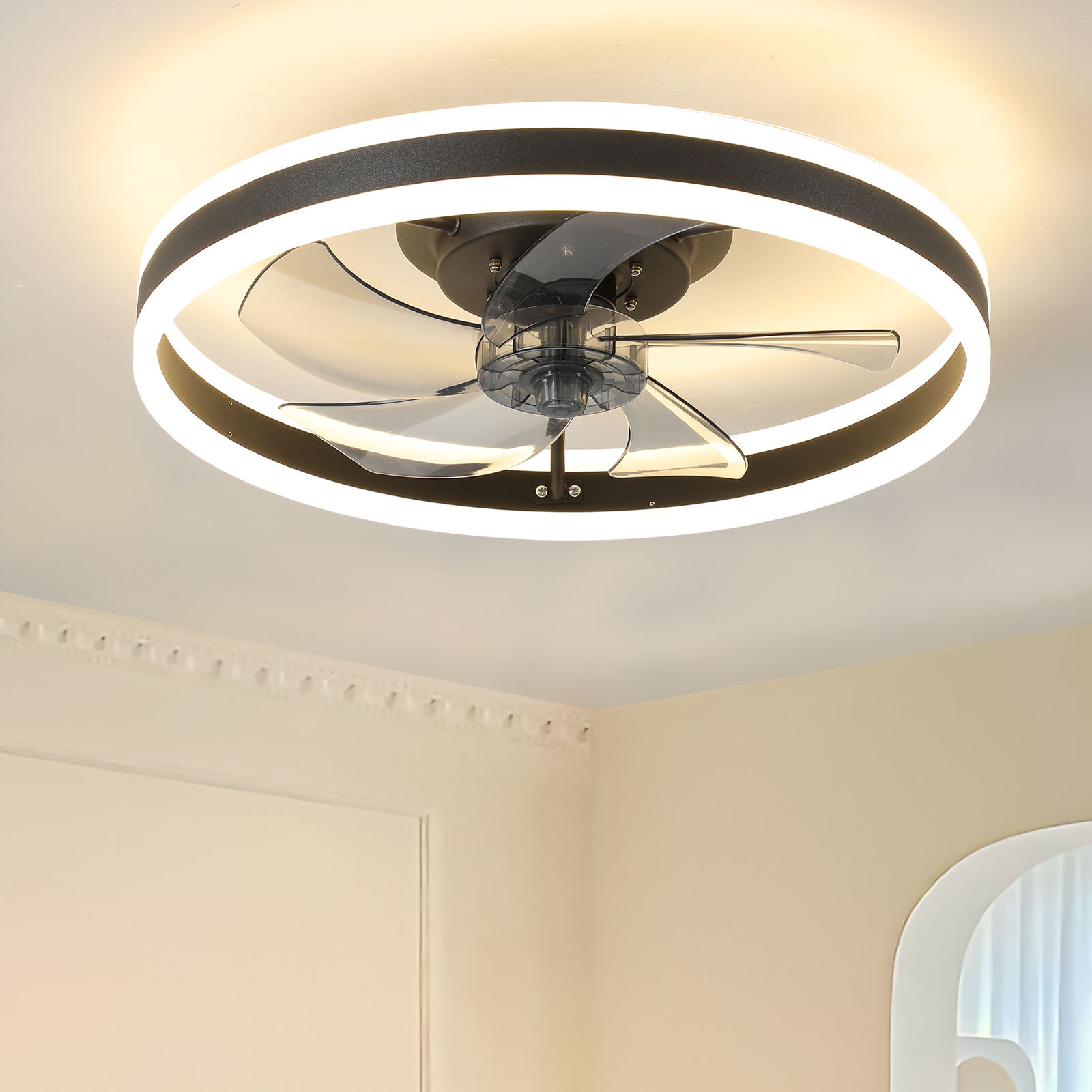 15.7" Low Profile Flush Mount Ceiling Fan With Light, 7 Speeds Timing Reversible Blades, Modern Dimmable LED for Home