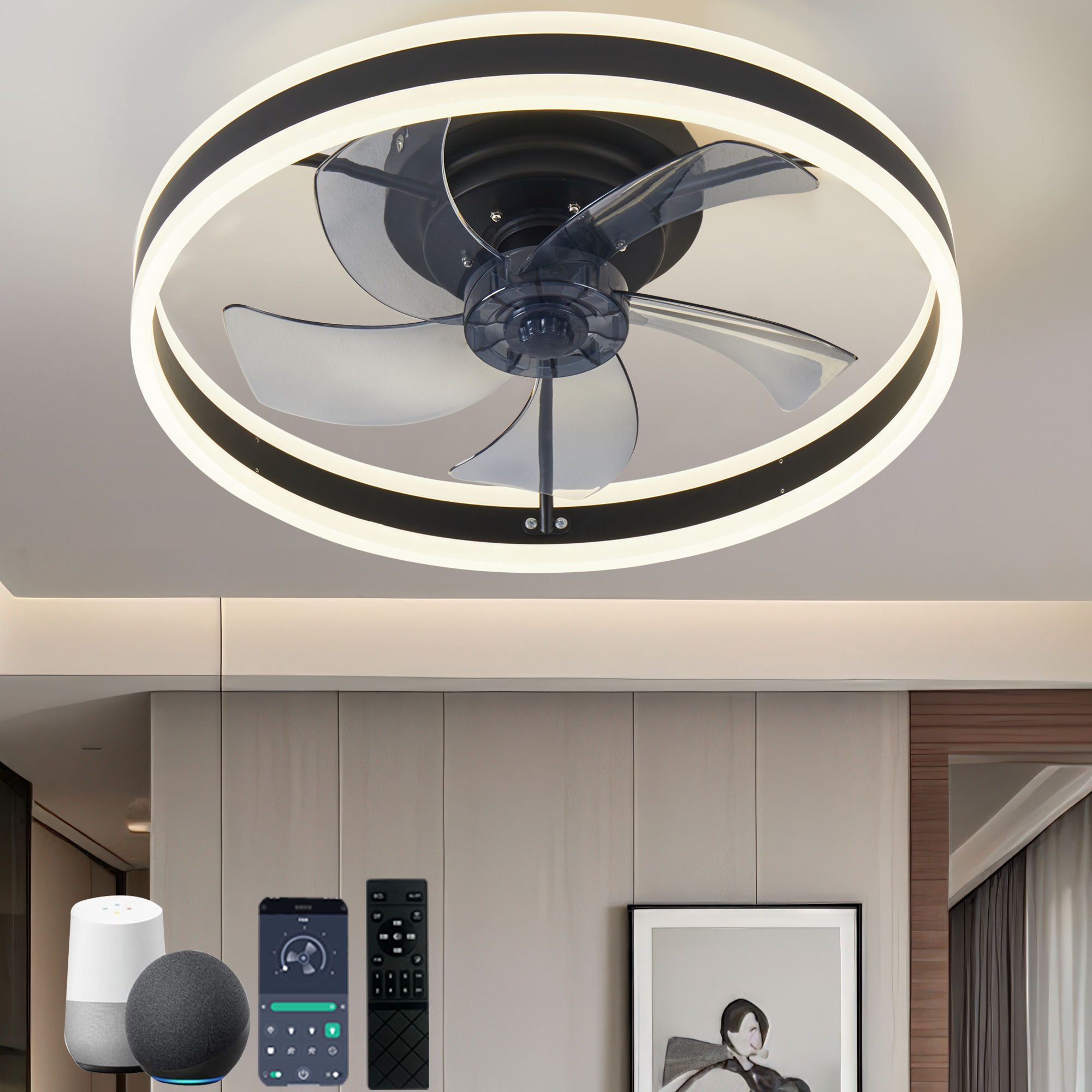 Hot Selling Stepless Dimmable Low Profile Ceiling Fan With Light Flush Mount Remote Control for Home Restaurant