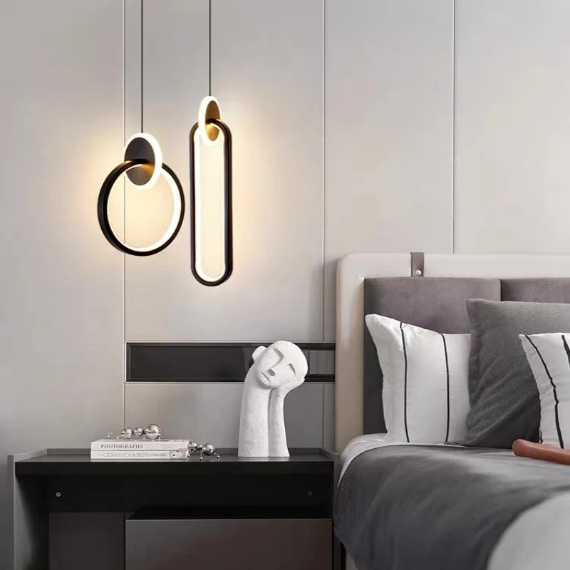 Modern Minimalist Metal LED Pendant Light Golden Black Finish for Bedroom Dining Room & Bedside Reading