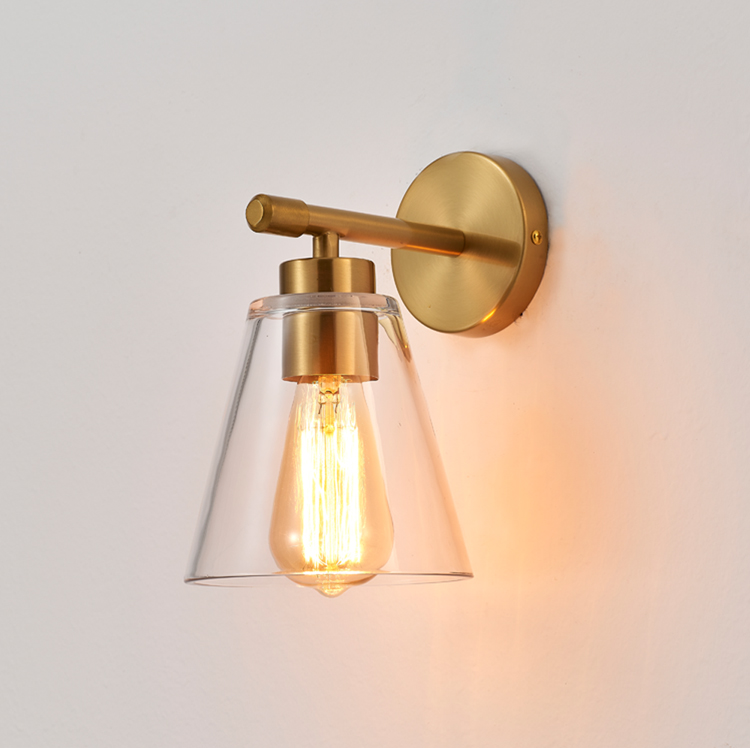 Small Funnel Glass Bathroom Mirror Light E26 LED Wall Lamp Nightstand Reading Light Brass Wall-Mounted Sconce 2700K Warm