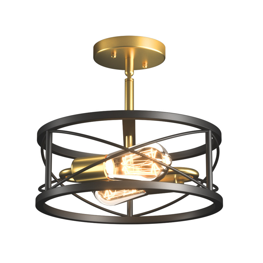 Rustic 2-Light Gold and Black Metal Flush Mount Ceiling Light for Farmhouse Decor