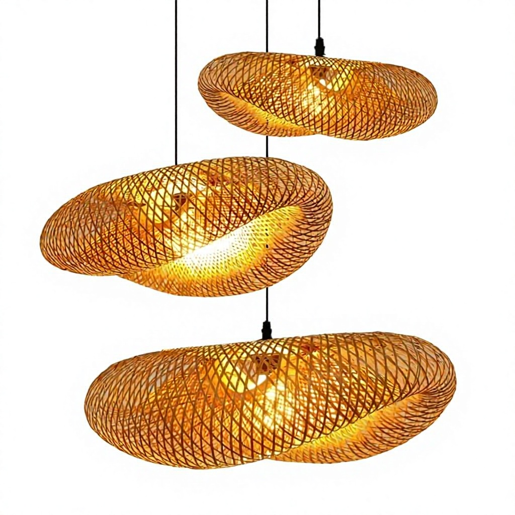Handmade Bamboo Woven Nordic Brown LED Pendant Light Chandelier for Living Room Dining Room Bedroom Home Decor Hanging Lamp