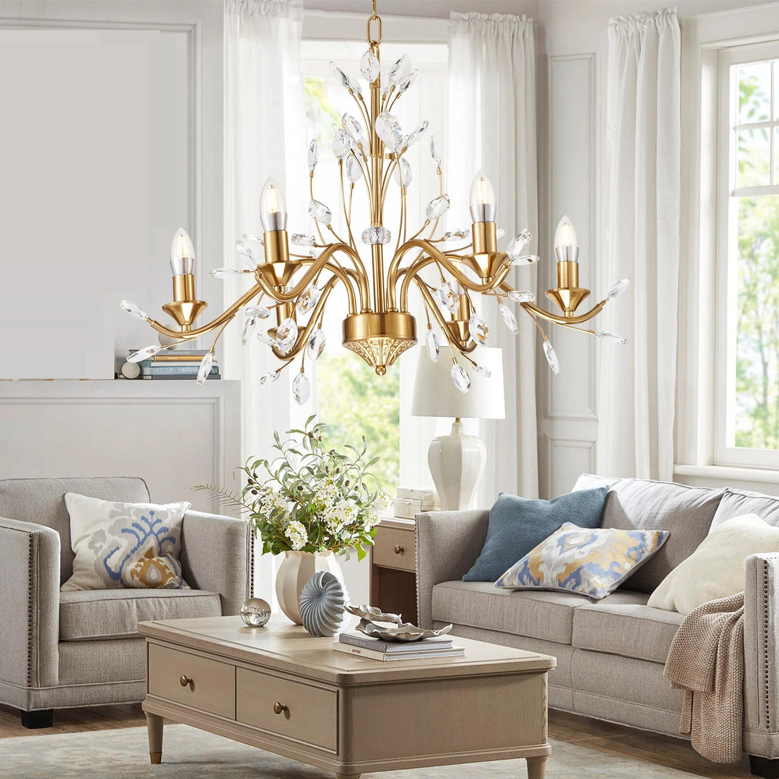 6-Lights Crystal Chandelier Gold Branches Ceiling Light Pendant Lamp Fixtures