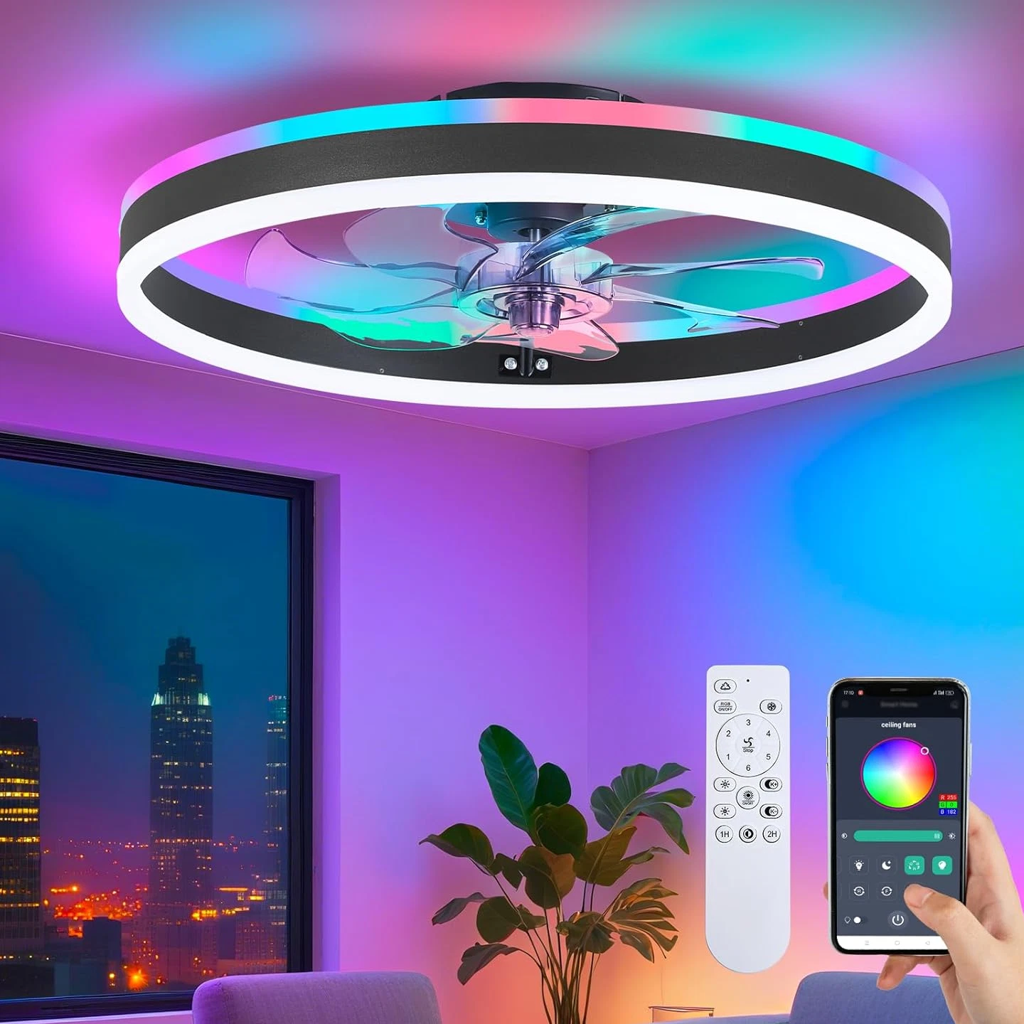 Modern RGB Ceiling Fan with Light, 20'' Bladeless Flush Mount, Remote Control