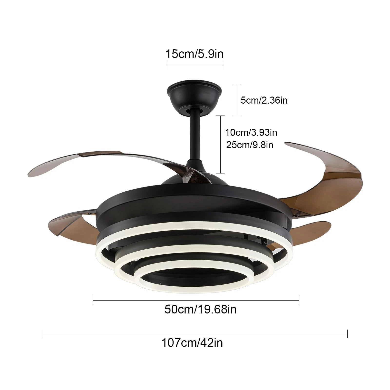 42 Inch Retractable Modern LED Ceiling Fan Light black color Semi Flush Chandelier Led 3 Color 3 Speed
