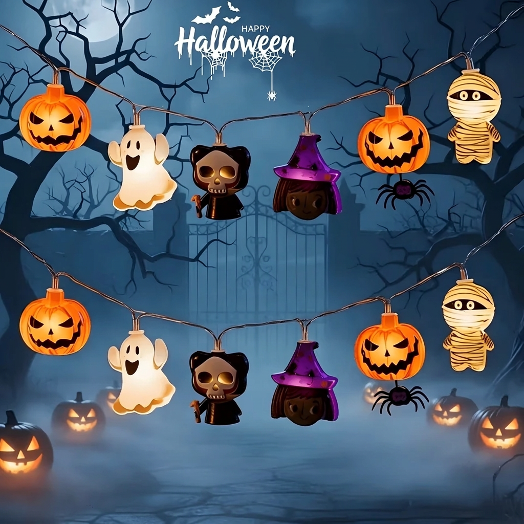 Halloween Monster String Lights Pumpkin Ghost Mummy Figure LED Bulb Garland Dry Battery Decor