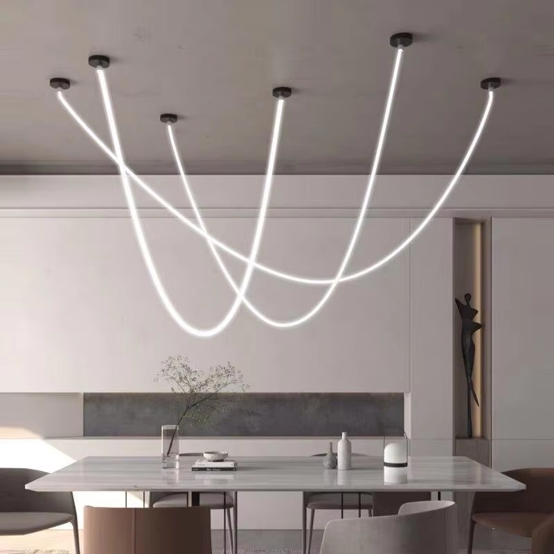 Danish Designer Modern Minimalist Line Pendant Light Silicone Shade Black Gold Finish 100cm Length LED Bulbs Included for Home