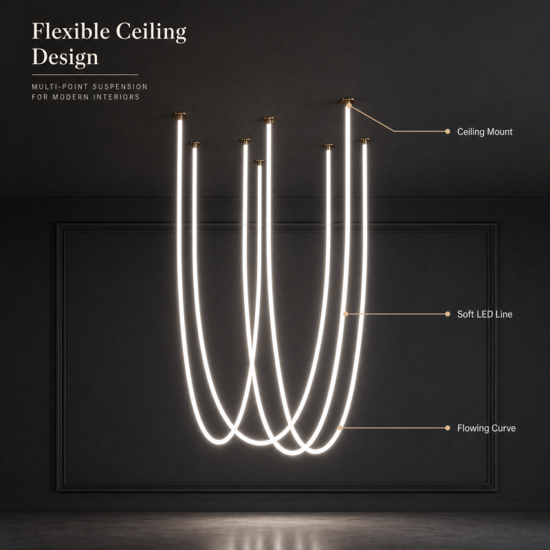 Long Flexible Silicone LED Pendant Light 3.5m 4.5m Linear Hanging Lamp Chandelier With Hooks For Large Space Decoration