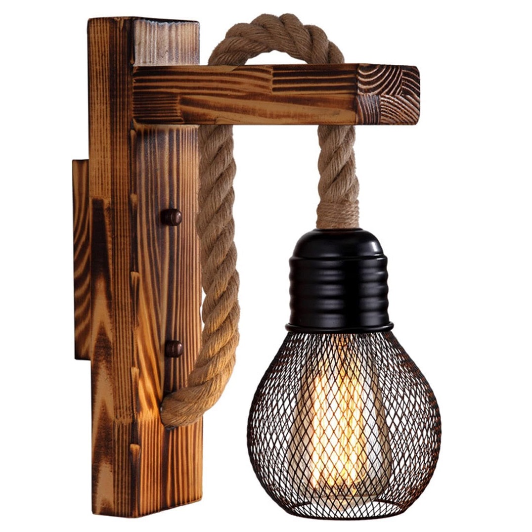Retro Wooden Wall Sconce with Hemp Rope - Vintage Industrial Decorative Lighting
