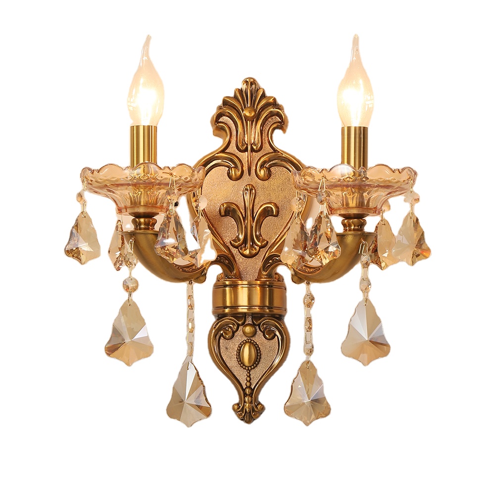 Antique Crystal 2-Light Fixture Light Brass Wall Sconce Lamp
