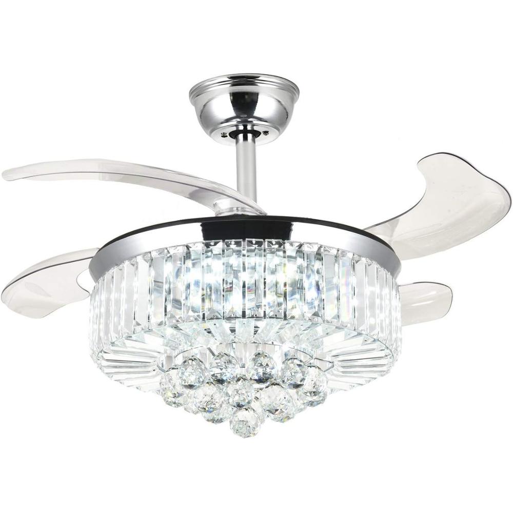 2020 NEW 42" Crystal Retractable Acrylic Blade Ceiling Fan Light LED 72W Remote Control Lighting and Circuitry Design 55*55*30cm