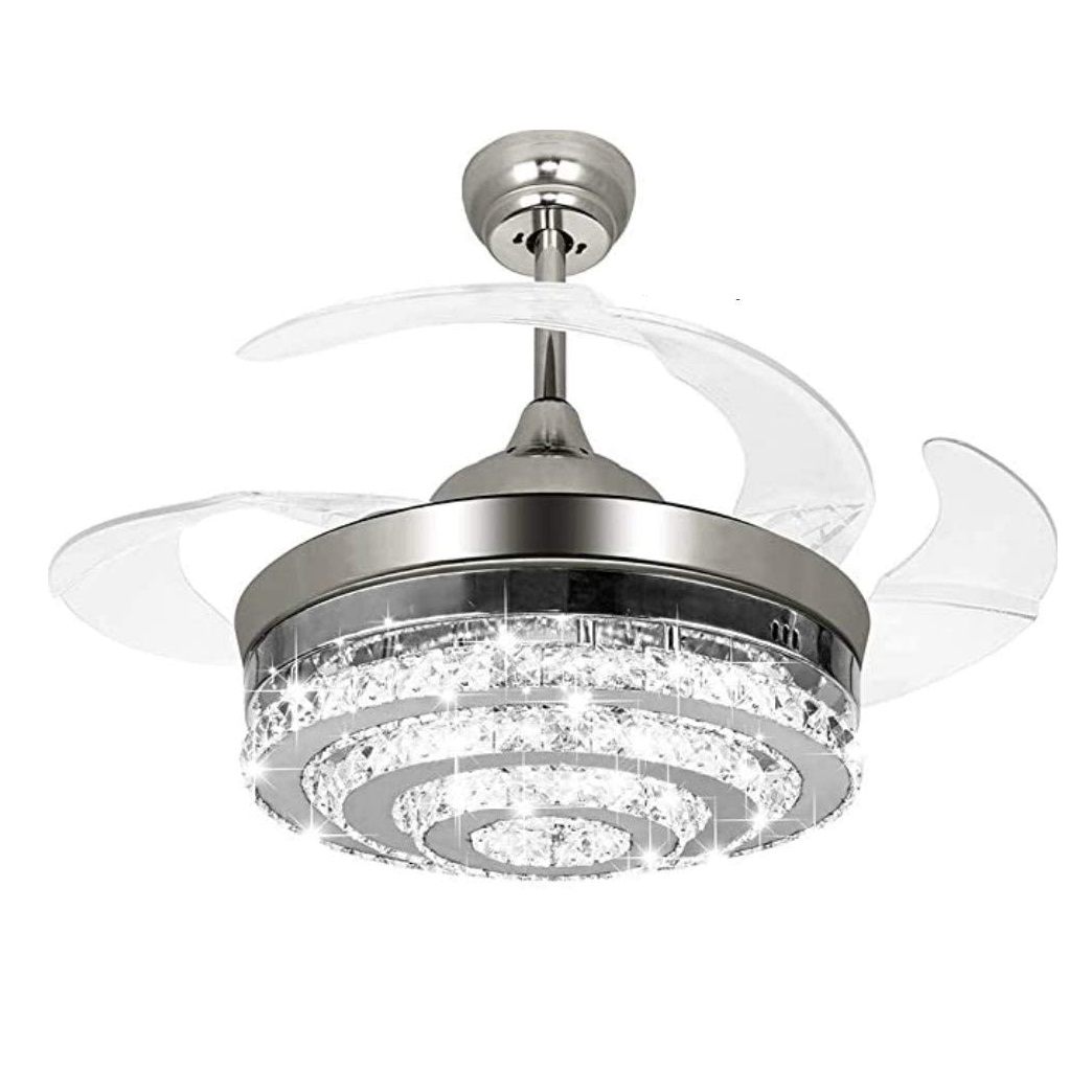 42" 3 Tiers Crystal Invisible Ceiling Fan Light Remote Control Retractable Chandelier