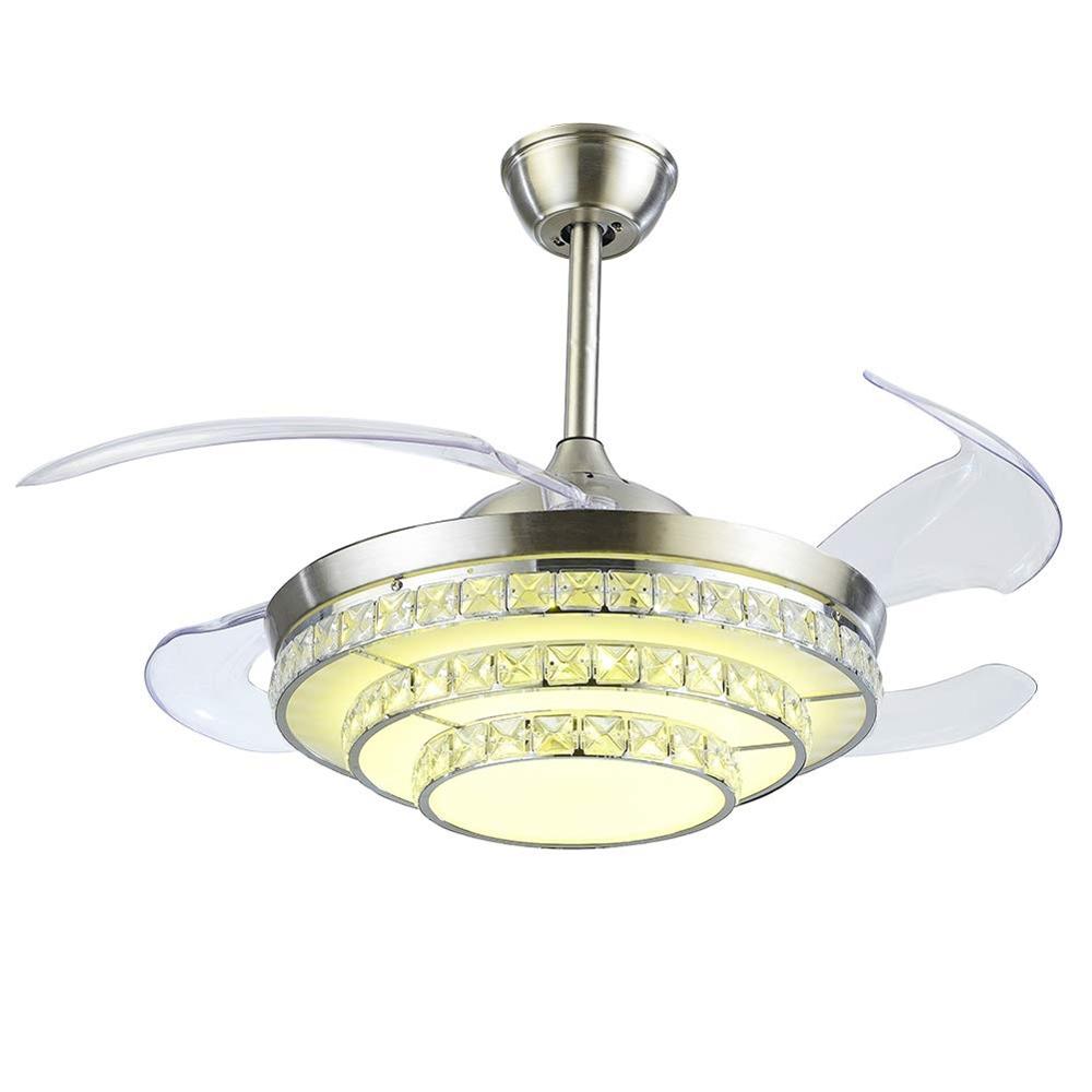 42" Silver Crystal Invisible Ceiling Fan Light with Remote Control 3 Color Changes LED Chandelier Fan Lamp