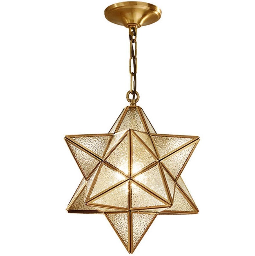 Brassy Vintage Chandelier Lamp Rustic Industrial Moravian Star Pendant Light with Textured Ripple Glass Cover