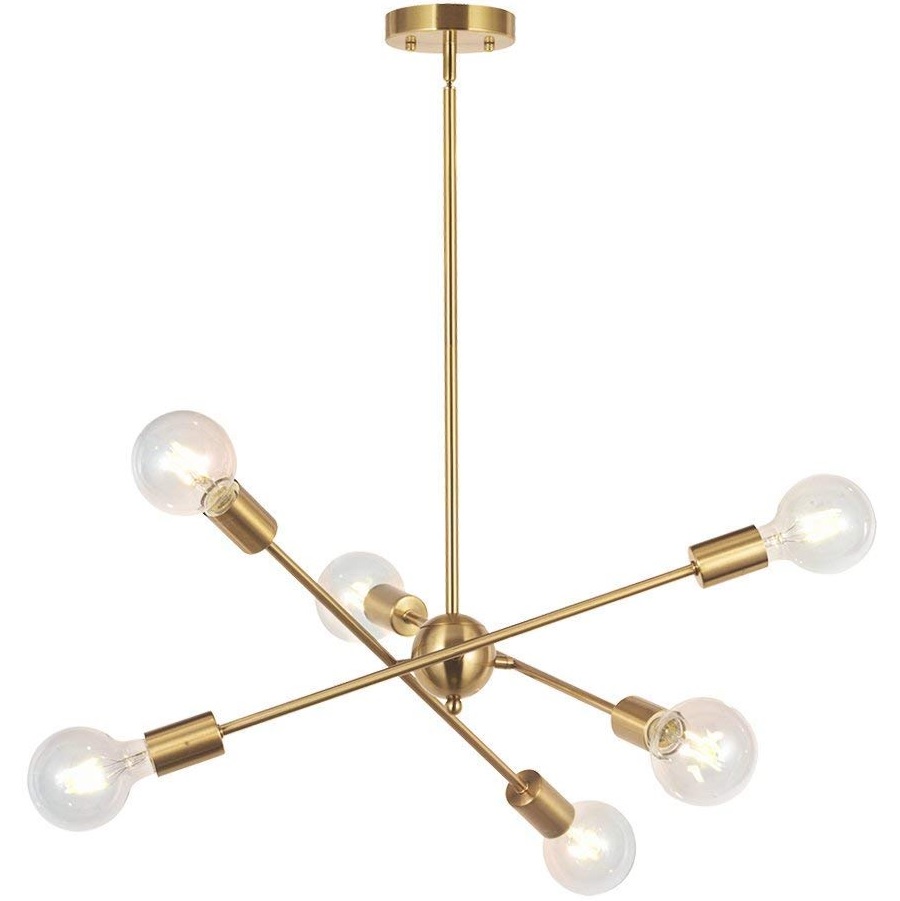 Modern Sputnik Chandelier 6 Lights Brushed Brass Chandelier Mid Century Pendant Lighting Gold Ceiling Light Fixture