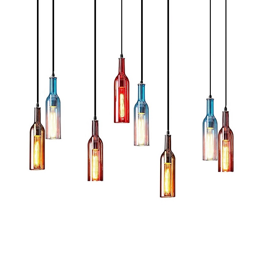 Creative Retro ChandelierVintage Industrial Colored Glass Wine Bottle Pendant Light for Cafe Loft Restaurant Kitchen