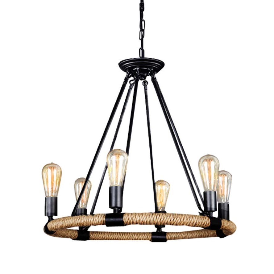 23.6 Inch 6 Light Retro Industrial Hemp Rope Wagon Wheel Chandelier Light Fixture for Living Room Restaurant Restaurant
