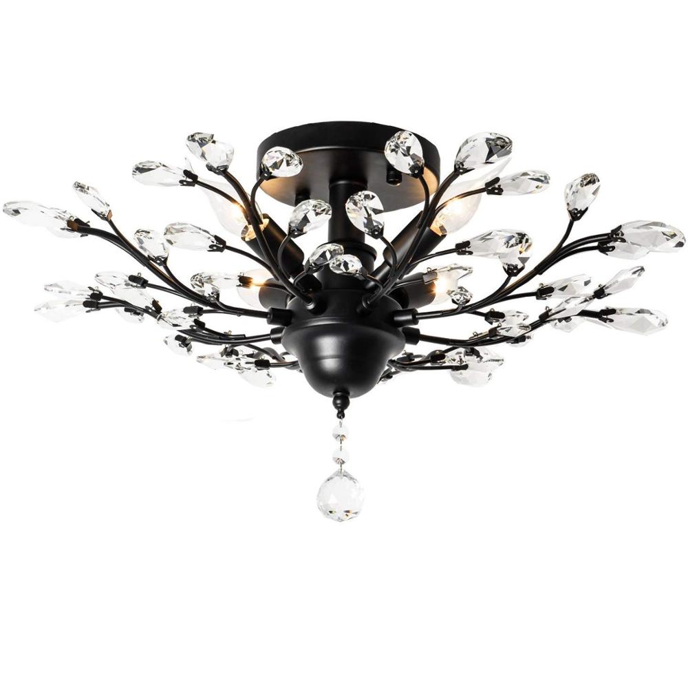Vintage Crystal Branches Chandeliers Black Ceiling Light Flush Mounted Fixture With 4 Light 160W