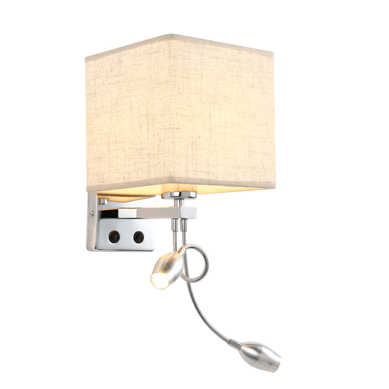 Hotel Nylon Burlap Led Reading Light ,3-Light Polished Chrome Sconce Swing Arm Reading Light with Fabric Lampshade