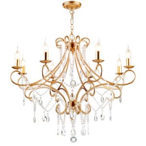8 Light Brass Crystal Victorian Chandelier with K9 Crystal Raindrop Large Antique Chandelier for Living Room